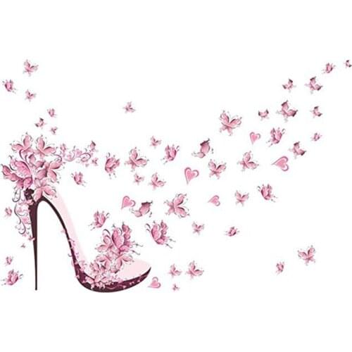 Creative High Heel Shoes Flying Butterflies Flower Heart Wall Stickers Girls Room Nursery Mural Poster Vinyl PVC Home Art Decor