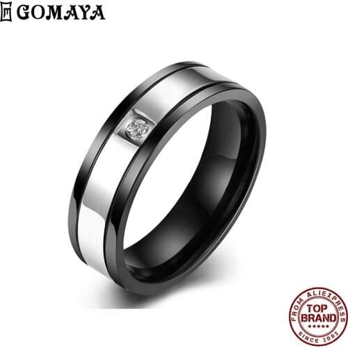 GOMAYA 316L Stainless Steel Black Minimalist Men Rings Trendy Design K-POP Style White Zircon Ring Unisex Party Fashion Jewelry