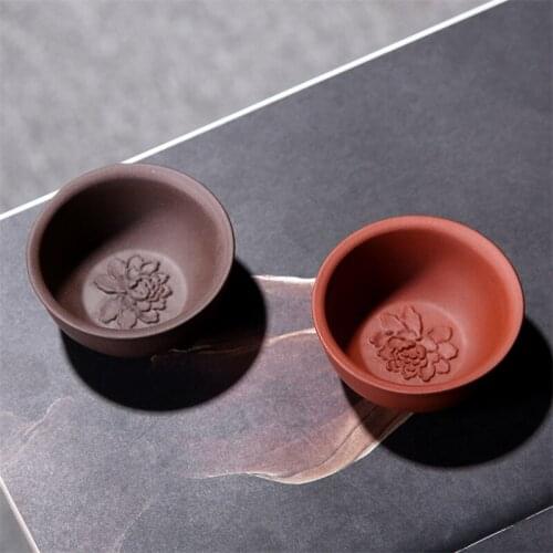2pcs/set Yixing Purple Clay Carving Flower Tea Cup Handmade Antique Tea Cup Chinese Tea Set Office Kung Fu Water Cup Drinkware