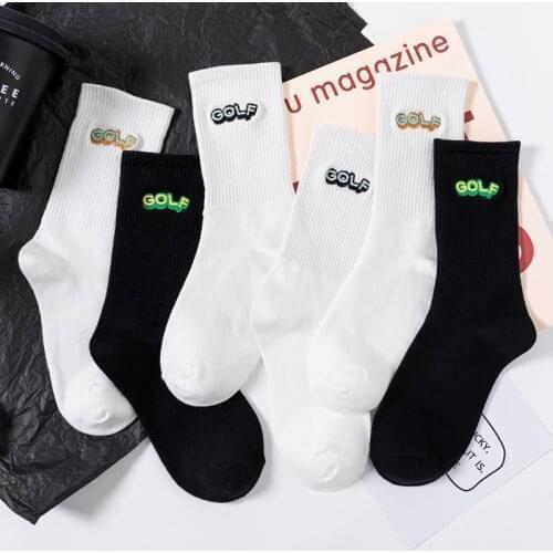 Black and White Golf Lettered Mens Socks High Quality Unisex Cotton Crew Socks Male Fashion Harajuku Solid Color Casual Simple