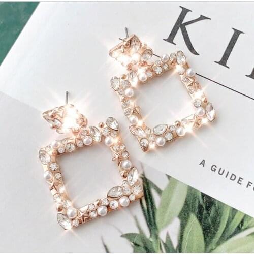 New Fashion Korean Style Geometric Long Drop Earrings for Women Pearl Crystal Jewelry Dangle Earing Bijoux Sparkly Girl Gift