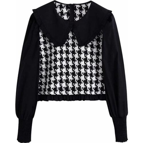 New Women Autumn Fashion Patchwork Plaid Za Short Blouse Female Fashion Peter pan Collar Long Puff Sleeve Shirts blusas mujer