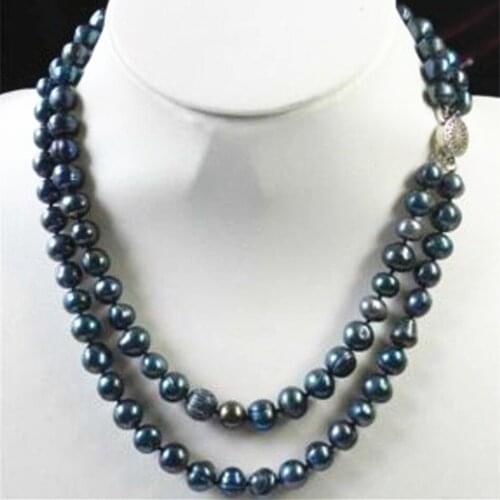 Natural freshwater cultured black pearl diy necklace for women approx round beads 9-9.5mm diy 2rows chain jewelry 17-18'' MY5205