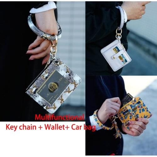 PU Leather O Circle Key Chain Wristlet Bracelet Keyring With Card Bag Coins Purse For Women Girls Key Holder