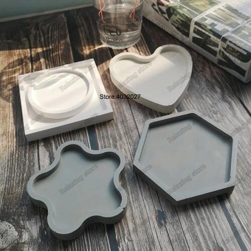 Hexagon Coaster Concrete Tray Silicone Mold Round Square Candlestick Plaster Base Tray Mould Cement Flowerpot Pedestal Molds