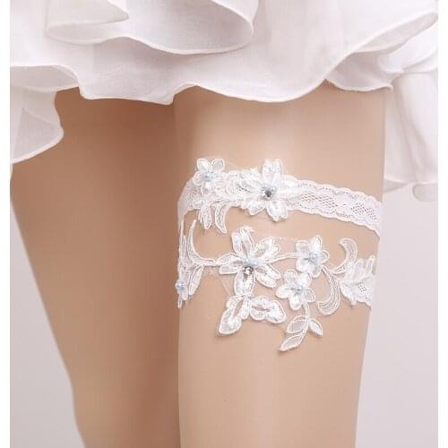 Wedding Garter Sexy White Lace Embroidery Floral Beading Rhinestone Garters 2pcs set for Women/Bridal Thigh Ring Leg Garter 5421