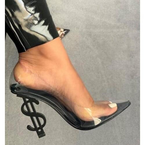 Carpaton Sexy Transparent PVC Patchwork High Heel Shoes Pointed Toe Strange Heels Woman Pumps Super High Party Dress Shoes