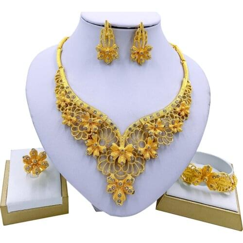 African Elegant Bridal Fashion Jewelry Sets Flower Necklace Bracelet Gold Earrings Ring Crystal Jewelry Wedding Gift