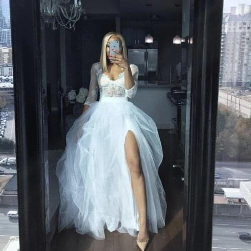Fashion Streetwear White Skirt Ball Gown Draped Slit Tulle Womens Skirts Floor Length Cheap Casual femme jupes Elastic Waist