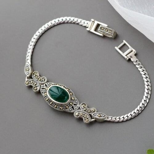 Lady Retro Style Charm Bracelet Inlaid Natural Green Agate Authentic 925 Sterling Silver Hand Chain Trendy Style Jewelry Gift