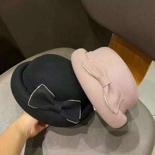 MAXSITI U Women Hats Autumn and winter New Vintage wool tweed Beret Female British Bowknot elegant top hat fashion felt hat