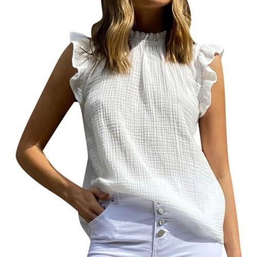 65% Dropshipping!!Ruffles Sleeveless Women Blouse Elegant Pleated Turtleneck Summer T-shirt Pullover Top
