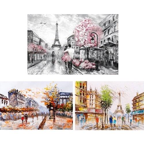 Abstract Colorful Building Trees With People In The Street 100% Hand Painted Oil Painting On Canvas For Living Room Home Decor