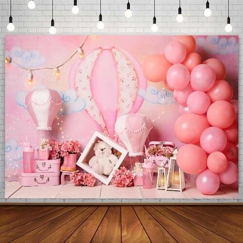 Pink Hot Air Balloon Backdrops Girl Baby Shower Floral Cloud Wooden Floor Portrait Photography Background Photo Studio Photozone