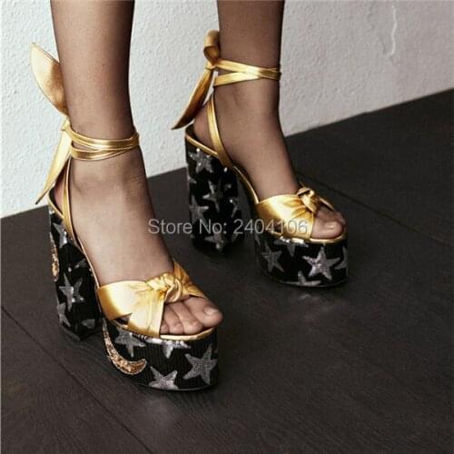 Gold Red Black Brown Leather Platform Shoes Block High Heel Ankle Strap Gladiator Sandals Women Peep Toe Sexy Party Runway Shoes