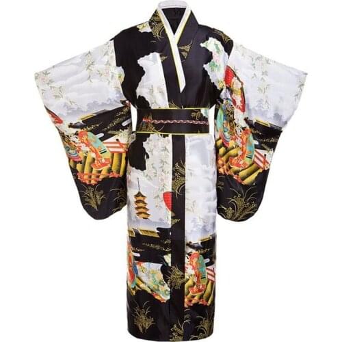 Black Woman Lady Japanese Tradition Yukata Kimono With Obi Flower Vintage Evening Dress Cosplay Costume One size