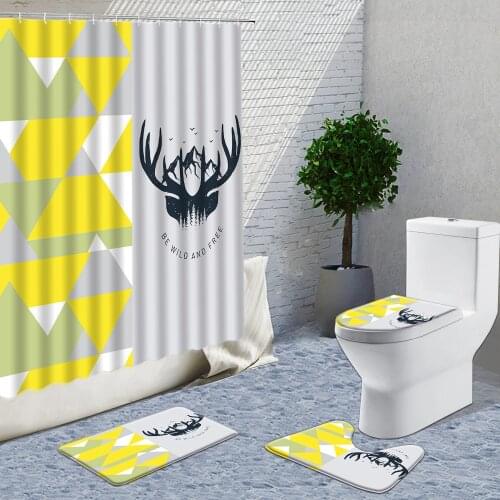 Geometric Shower Curtains Sets Deer Head Colorful Triangle Bathroom Decor Curtain Hook Bath Mats Rugs Carpet Toilet Cover Mat