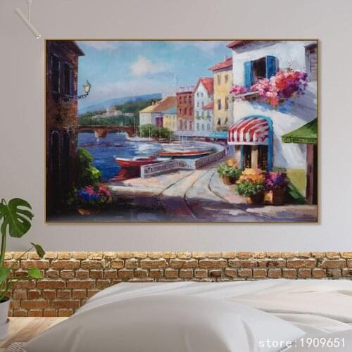 Cotton no frame Mediterranean sea city house canvas printings oil painting printed on cotton home wall art decoration pictures