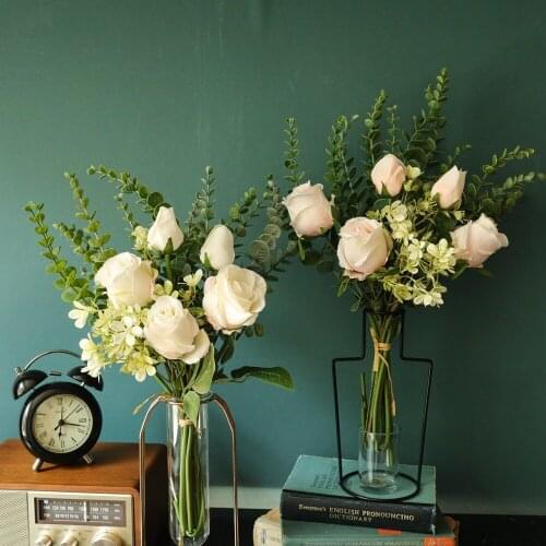 Simulation Bulgaria Rose Artificial Bouquet Silk Flower for Wedding Bride Holding Bouquet Home Decoration Fake Eucalyptus Plants