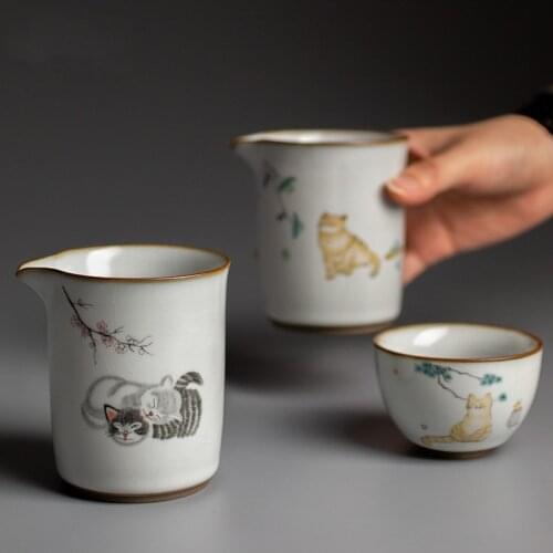 Ceramic Ice Cracked Glaze Tea Pitchers Chahai Retro Ru Kiln Cute Cat Tea Cup Chinese Teaware Creative Office Kung Fu Tea Set