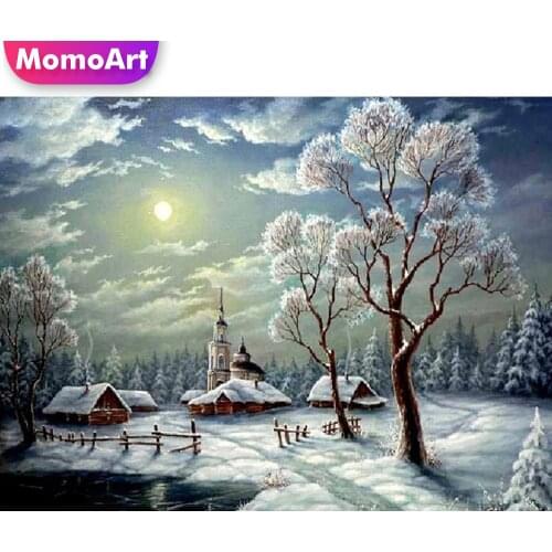 MomoArt Diamond Embroidery Tree Cross Stitch Set House Diamond Painting DIY Winter Landscape Full Drill Square Mosaic Wall Decor