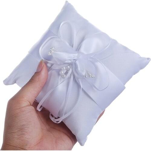 Lovely Ring Pillow Flower Buds Faux Pearls Decor Bridal Wedding Ceremony Pocket Ring Pillow Cushion Bearer with Ribbons 15*15cm