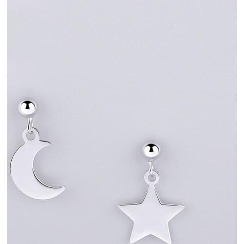 MloveAcc Asymmetry Star Moon Stud Earrings Real 925 Sterling Silver for Women Sweet Girls Fashion Accessories Jewelry