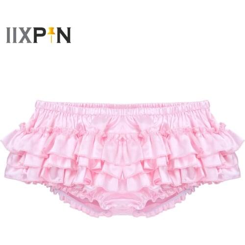 Sissy Skirted Gay Panties for Mens Lingerie Night Shiny Satin Ruffled Bloomer Tiered Sexy Briefs Bikini Underwear Underpants