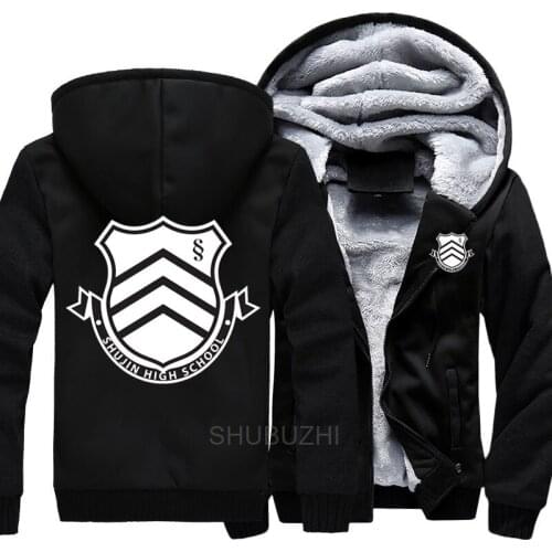 Mens Thicken Hoodie Anime Persona 5 Shujin High School Logo Printed Zipper Jacket Sweatshirts Coat Long Sleeve Casual Hooded