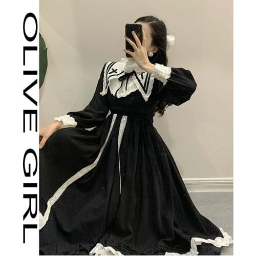 Japanese Lolita Vintage Sweet Korean Dress Women Gothic Kawaii Midi Dress Female Lace-Up Ruffles Dress New 2020 Womens Autumn