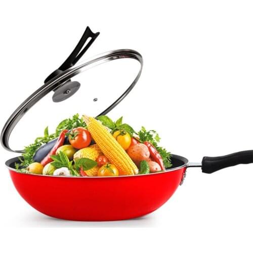 High Quality Aluminum Alloy Cooking Pans Thicken Red Woks Healthy Non-Stick Frying Pans Skillets Glass Lid Practical Kitchenware