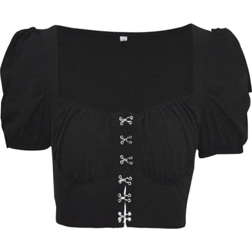 New Trendy Women Clothes Ladies Sexy Button Black Square Neck Tops Short Puff Sleeve Crop Top Gothic Victorian Blouse T-shirts