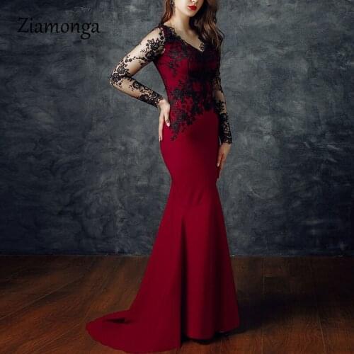 Ziamonga Elegant 2020 Mermaid Evening Long Dress Deep V Neck Long Sleeve Evening Gown Robe De Soiree Runway Style Lace Dresses