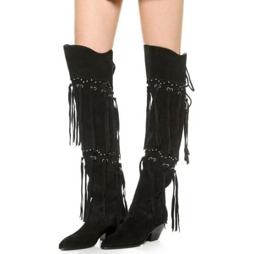2017 Autumn Winter Motorcycle Fringe Boots Leather Gladiator Women Boots Thick Heel Thigh High Boots Tassel Over The Knee Boots