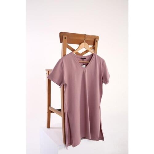 V Neck Basic Slit Detailed Cotton T-shirt