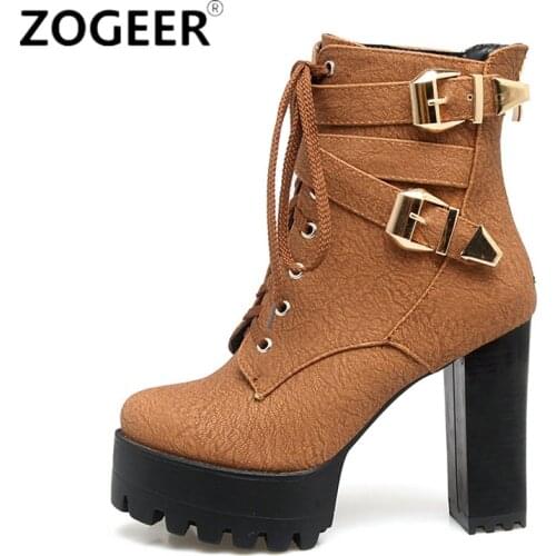 Fashion Autumn Ankle Boots For Women Platform Sexy Buckle Punk Heel Motorcycle Boot Brown Shoes Woman Large Size 34- 45 46 47 48