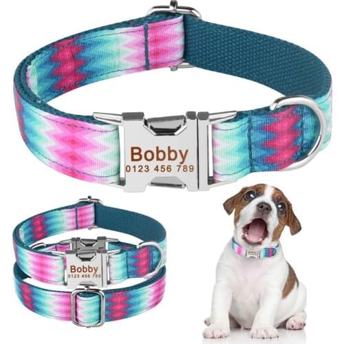 AiruiDog Blue Green Personalized Dog Nylon Collar Engraved Pet Name Small Medium Large XS