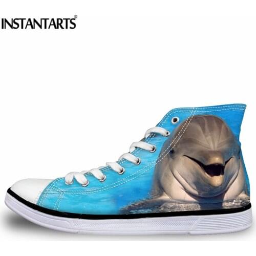 INSTANTARTS Blue Women Casual Canvas 3D Animal Dolphin Print Leisure Lace-up High Top Flat Shoes Breathable Light Women Sneakers