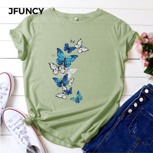 JFUNCY 2021 Summer Women Cotton T Shirt Woman Short Sleeve Tops Butterfly Print Tshirt Oversize Casual Loose Female Tees