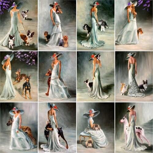 Huacan 5D DIY Diamond Painting Mosaic Woman Dog Diamond Embroidery Complete Kit Portrait Rhinestone Pictures Home Decor