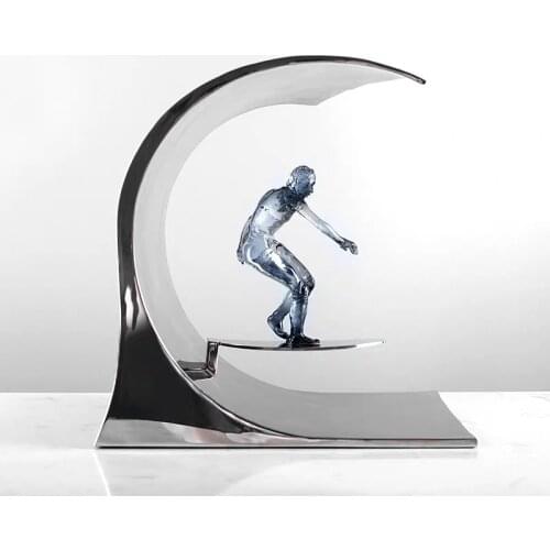 Creative Crystal Surfer Ornament With Chrome Stainless Steel Wave Home Crafts Room Decor Objects Office Desktop Accessories Gift