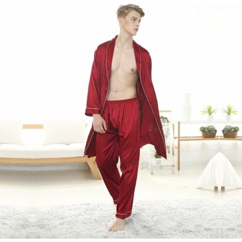 Men Silk Summer Kimono Pijiama Satin Long Solid Sleeve Shorts or Pants Pajamas Gown Korean Two Piece Pajama Sets Navy Sleepwear