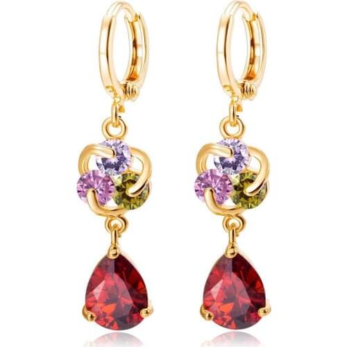 MxGxFam NEW Drop Water Earrings for Womens Gift 18 k Yellow Gold Color Clear / Red / Purple / Pink with AAA+ Cubic Zricon
