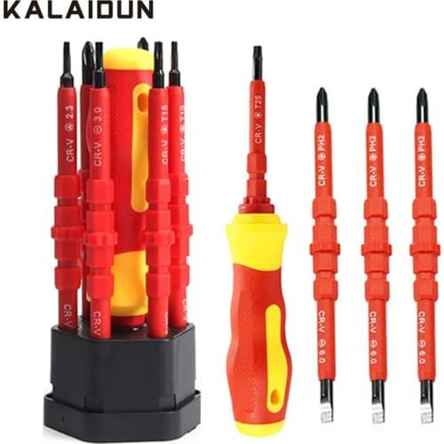 KALAIDUN 7 PCS Insulated Screwdriver Set Bit Set Torx Phillips Slotted Magnetic Bits Insulated Anti-slip Handle Electrician Tool