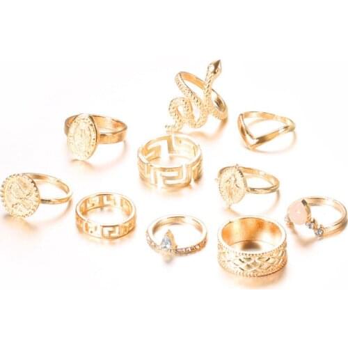 2021 Fashion Simple 10 Pcs/set Personality Exaggerated Diamond Snake Shape Joint Rings Set for Women Jewelry Knuckle Ring