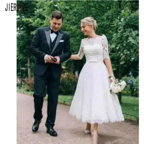 JIERUIZE New Women Wedding Dresses Off Shoulder Half Sleeve Bow Sash Lace Short Wedding Gowns Bride Dress Vestido De Noiva