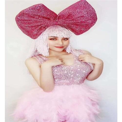 H77 Tight Feathers Backless Bodysuit Singer Cute Dancer Dress Diamond Sexy Party Wig Bow-Knot Clothe Sleeveless High Costume Clu