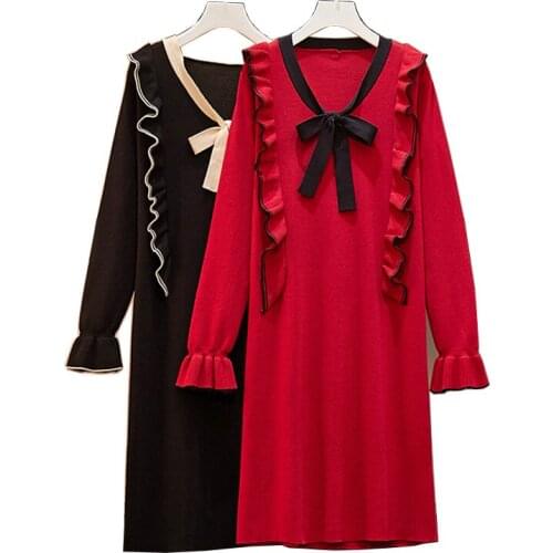 PERHAPS U Black Red Ruffle Bow Collar Long Sleeve Knitted Loose Knee Length Dress Autumn Chic Elegant Plus Size D1440