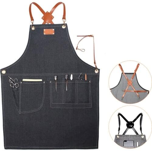 High Quality Denim Work Aprons PU Leather Strap Gray Apron Barista Barber Overalls Restaurant Gardener Apron Working lovable