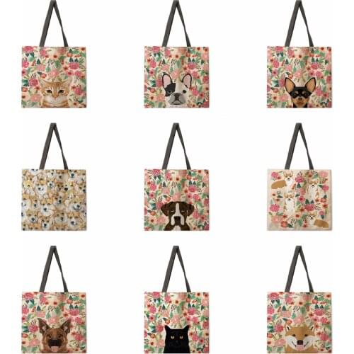 Pet Flower Animal Linen Shopping Bag Ladies Shoulder Bag Foldable Shopping Bag Beach Tote Bag